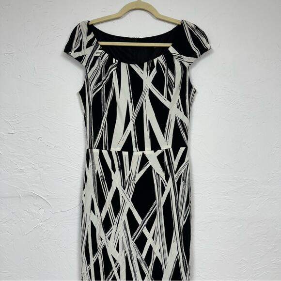 David Meister Black & Cream Cap Sleeve Knee Length Sheath Dress Womens 10 Preppy